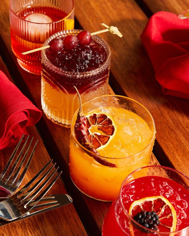 Cocktails garnished with dried citrus slices and berries