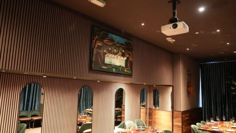 Private dining room wall with a framed painting and a ceiling projector
